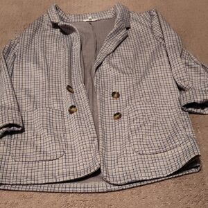 Cropped Tweed-Style Button Blazer in Light Blue and Cream